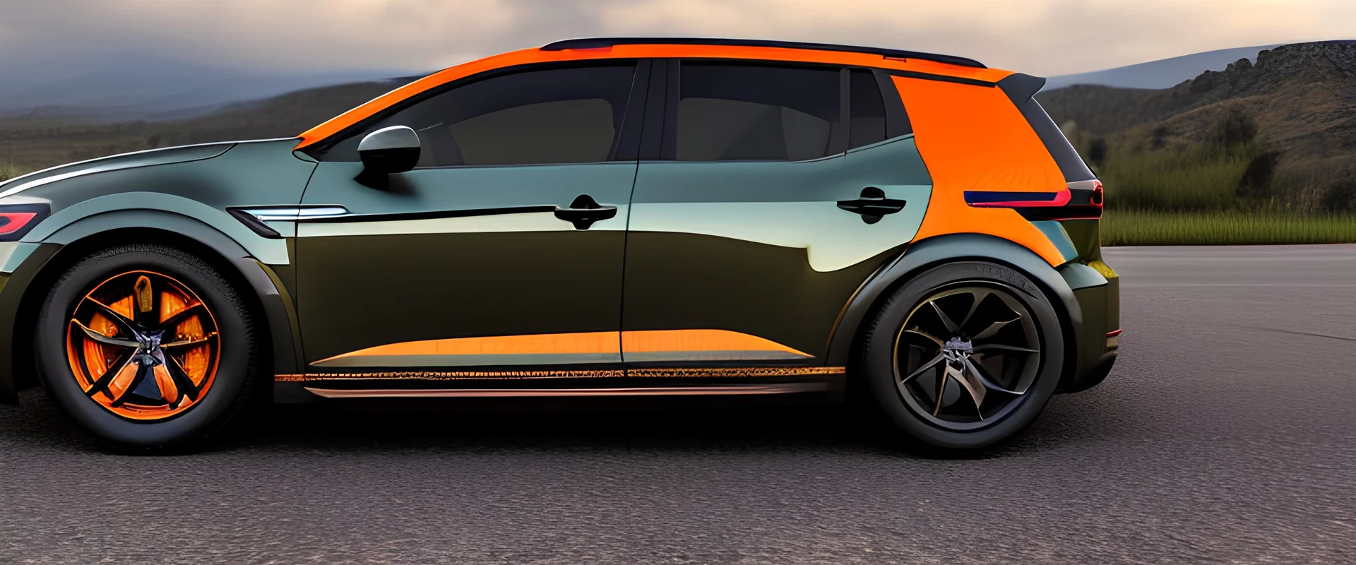 A national geographic award winning photograph of a military fighter jet station wagon wasp hybrid designed by volkswagen only one vehicle per image painted metallic orange traveling at a high rate of speed, jet intake off of front center of vehicle and jet exhaust out the rear with bright blue flame