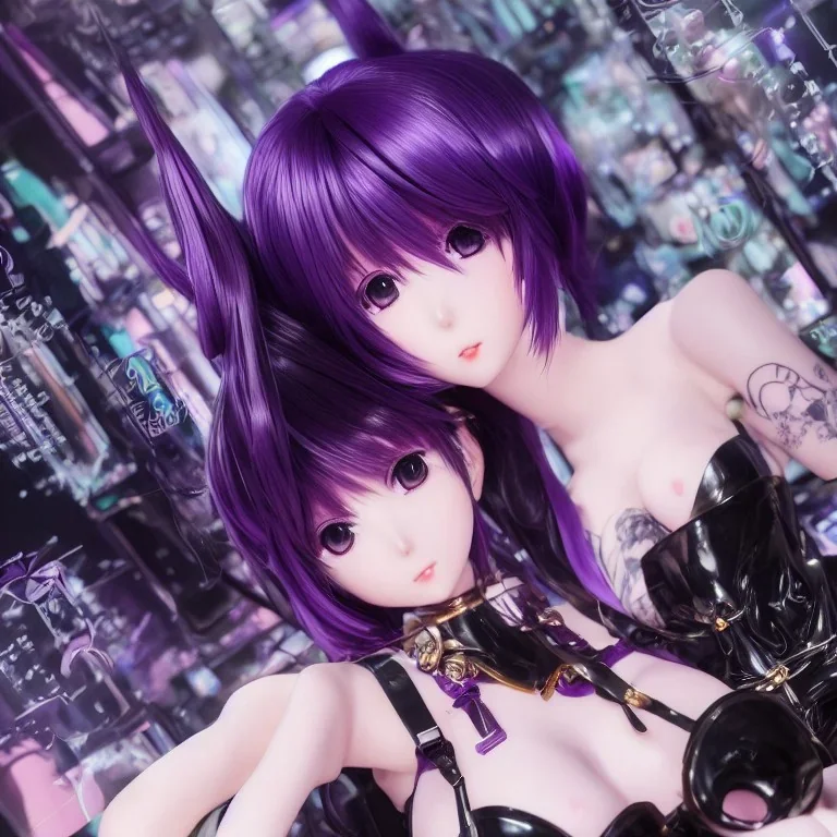 Detailed cute anime girl, purple hair buns, purple bangs, black latex bodysuit, intricate details, full body portrait, keep head in frame, slight smile, black Japanese motif, concept art, highly detailed, digital painting, concept art, sharp focus, illustration, art by Yoji Shinkawa, WLOP and greg rutkowski and alphonse mucha and artgerm and yanjun Chen and Junji ito and Makoto Shinkai, HDR, octane render