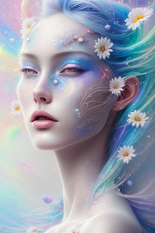 a woman, side profile, closed eyes, blue hair, pastell colors, watercolor splash, white dress, rainbow flowers, in the style of Camilla d'Errico, hyper detailed, beautiful, complex, trending on artstation, cryengine, national geographic photo, chiaroscuro