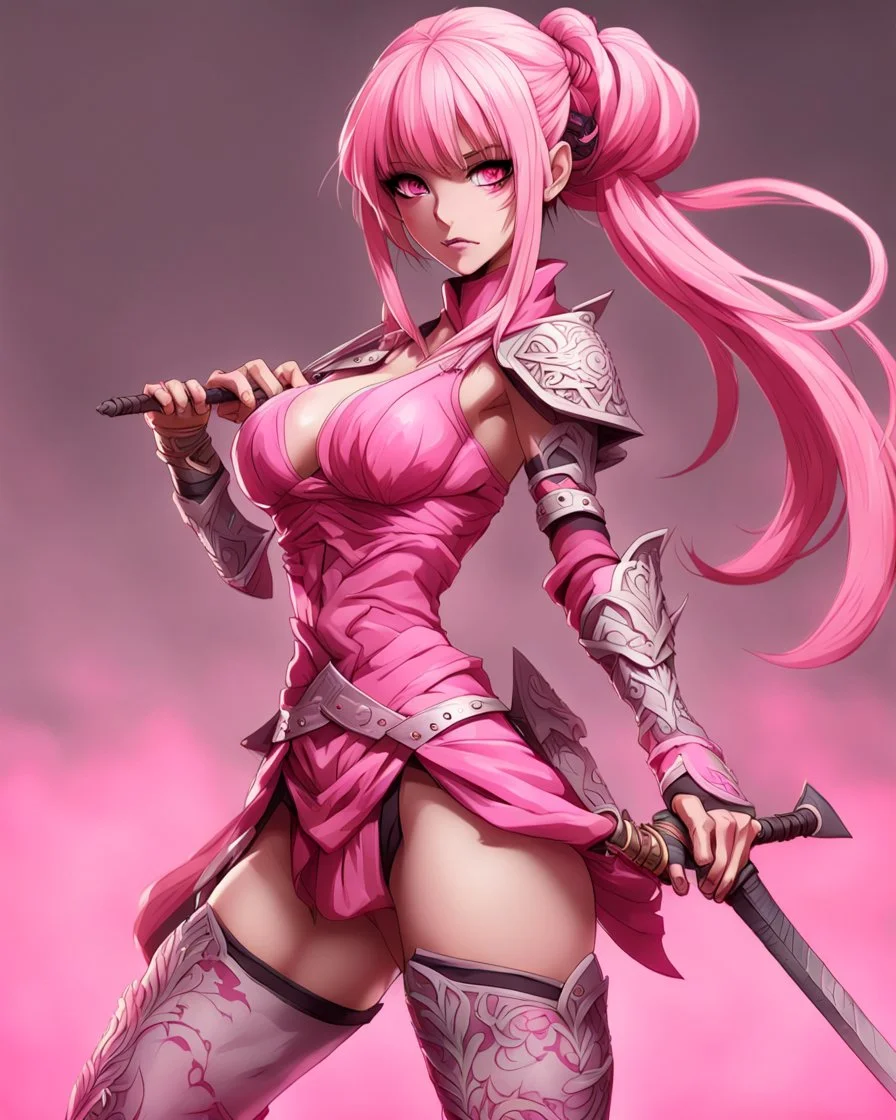 Anime woman warrior, in mejiri Pose,fullbody, style, pink tones, huge hip bones, veiny neck, eyes rolled back,