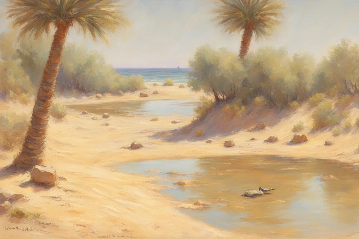 sunny day, sand, rocks, croc videgames influence, trascendent influence, very epic, concept art, emile claus and anna boch impressionism painting