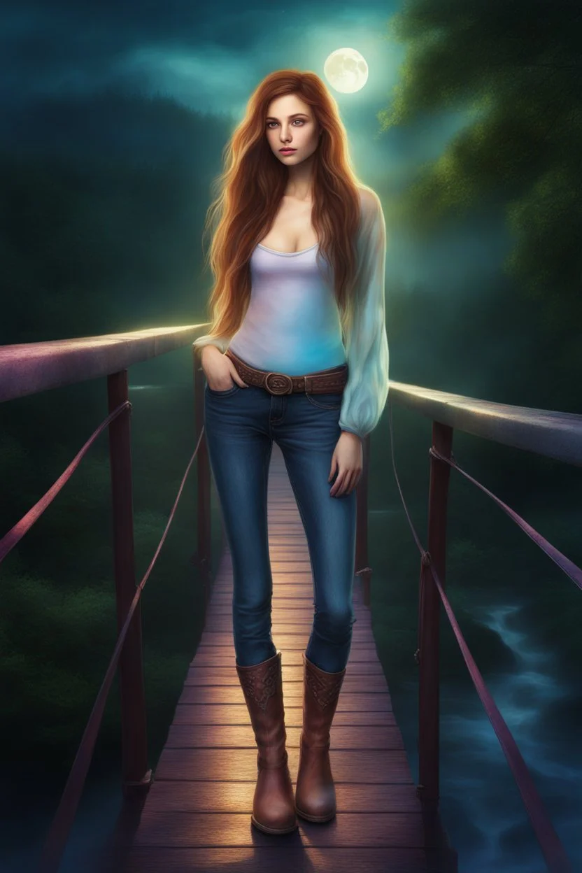 Creëer een mooie realistische Fantasie art, mooie vrouw, staat op een brug in een jeans broek, korte laarzen,long hair,, soft lighting, vibrant colors, ethereal, dreamlike, nature-inspired, romantic, whimsical, fantasy art, peaceful, enchanting, surreal, atmospheric, natural elements, moonlight filtering