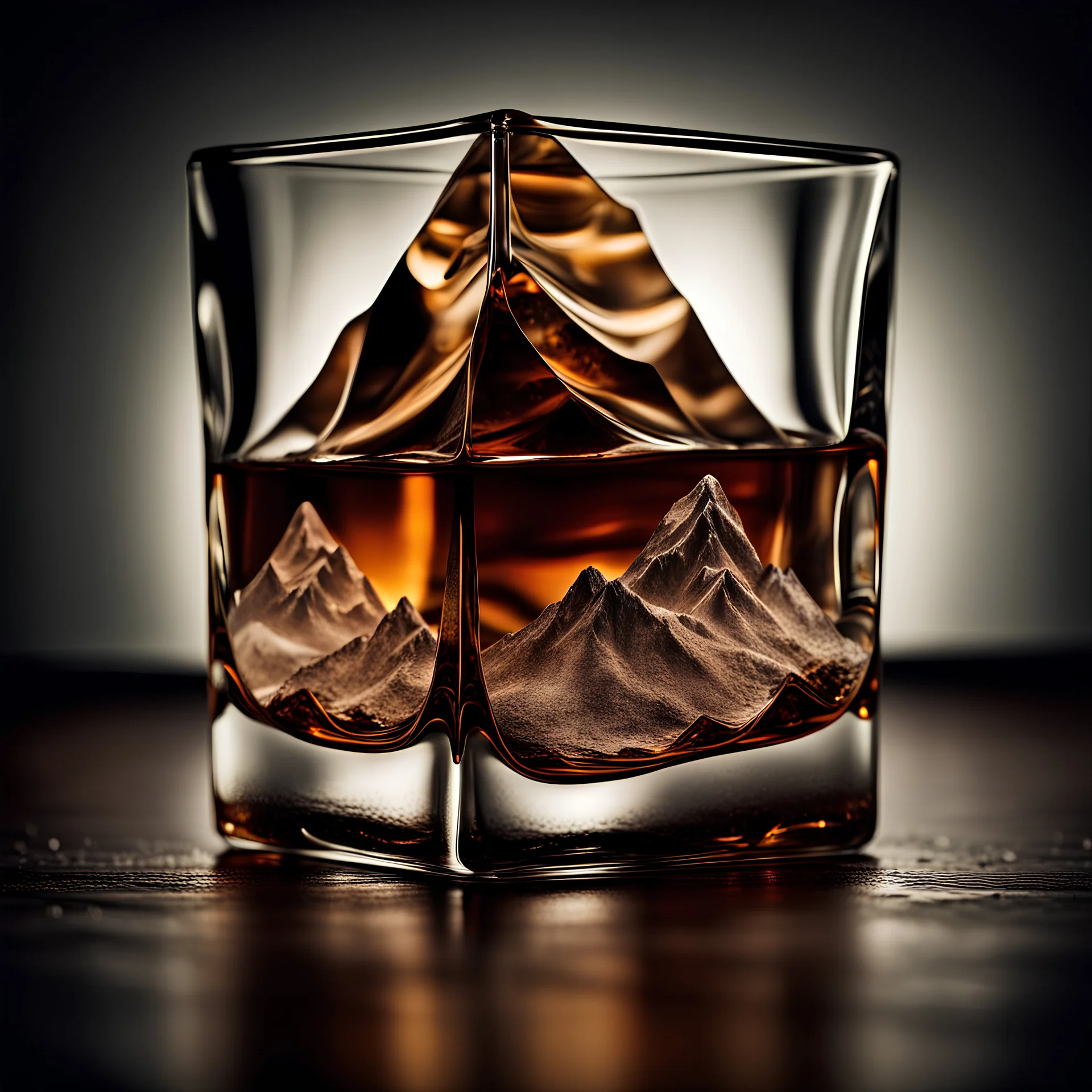 ice cube shaped like a mountain peak, inside glass with single measure of whisky, photorealistic, strong bokeh