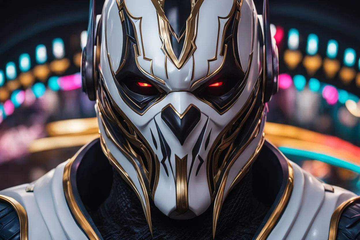 Jhin venom in 8k live action artstyle, white clown mask, wapen, close picture, neon lights, intricate details, highly detailed, high details, detailed portrait, masterpiece,ultra detailed, ultra quality