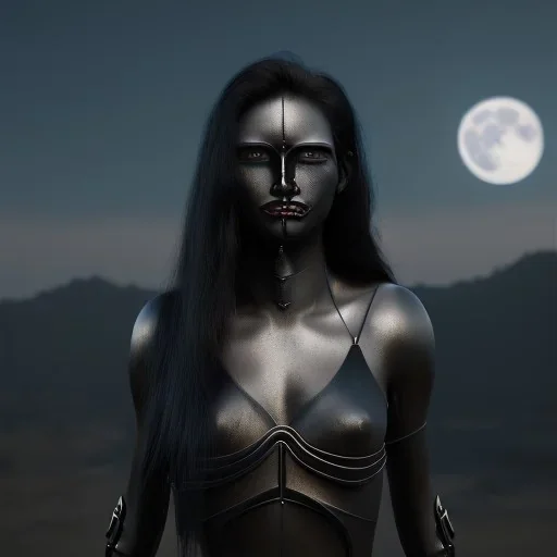 black long hair lady warrior top black eyes under the Moon