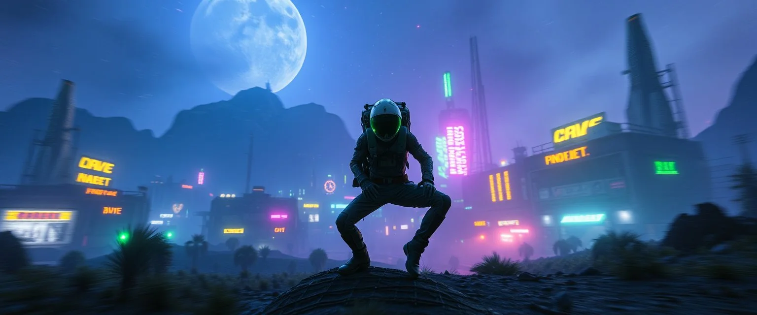 cyberpunk space city, in valley, A space elf cowboy biker astronaut with rocket backpack named Dave started doing the splits, Blew a fuse in his hips and short-circuited his bits, The Martian fluffy gremlins went wild, the Plutonians dogs screamed, Even black-and-white aliens turned ultraviolet green! in the style of fallout 4 and HR Giger, background motion blur , and volume fog spot lights