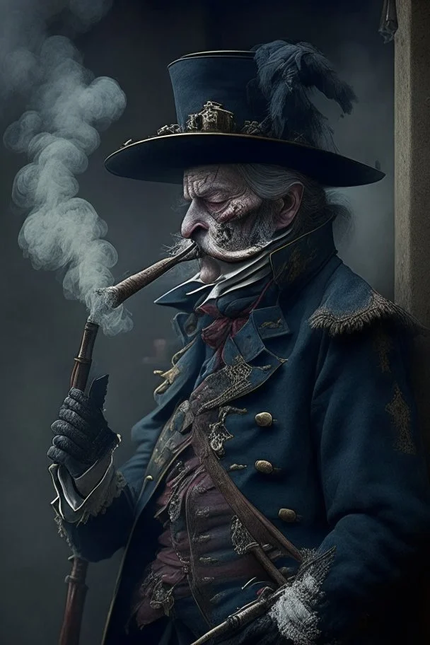 70 years old victorian bloodborne soldier with a musket and smoking a cigarette