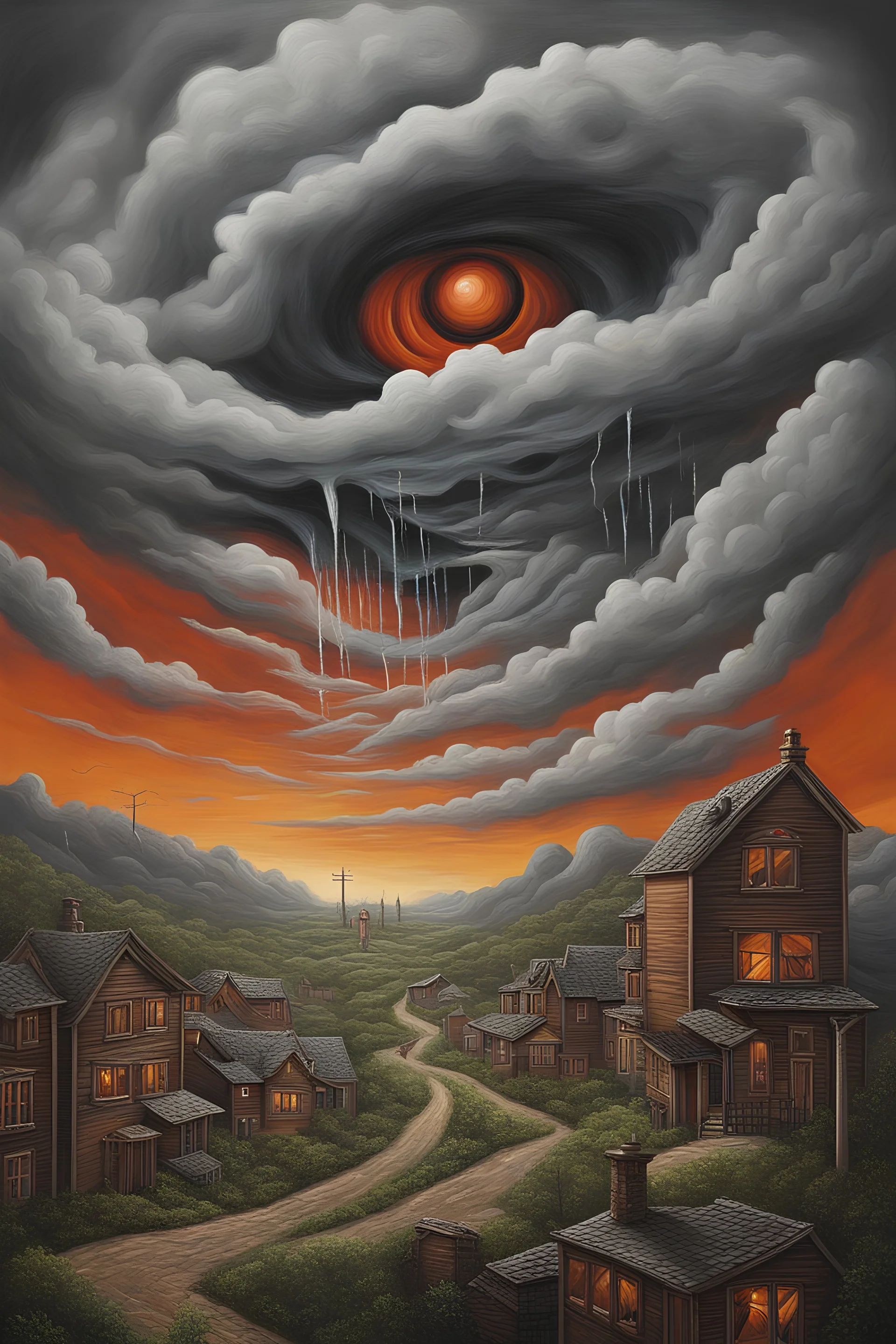 a painting of a (scary face swirling into existence from storm clouds) above a town, matte painting, brush strokes, bold lines, acrylic on canvas, oil painting, surreal, creepy, terrifying, highly detailed, high quality