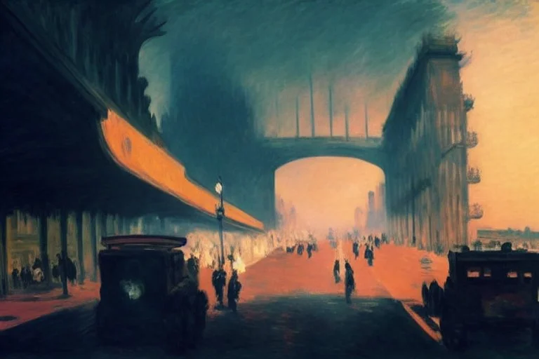 street, highway, bridge, distant city, city lights, people, cars, buildings, mist, claude monet and edouard manet painting