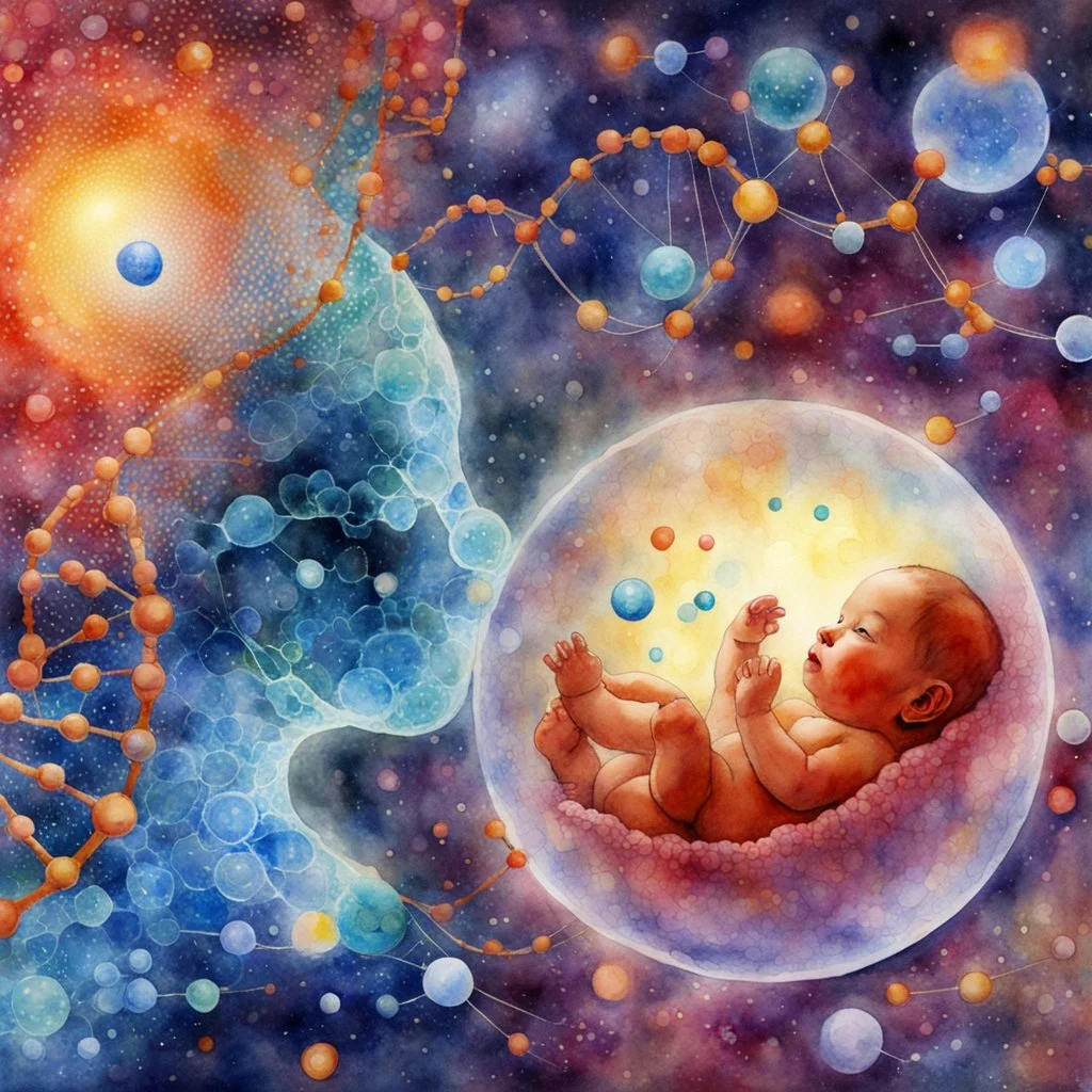 Quantum Serenity: A watercolor depiction of the conception of a baby, illustrating the interplay of microscopic quantum particles and DNA at the molecular level, embodying calmness in action.”