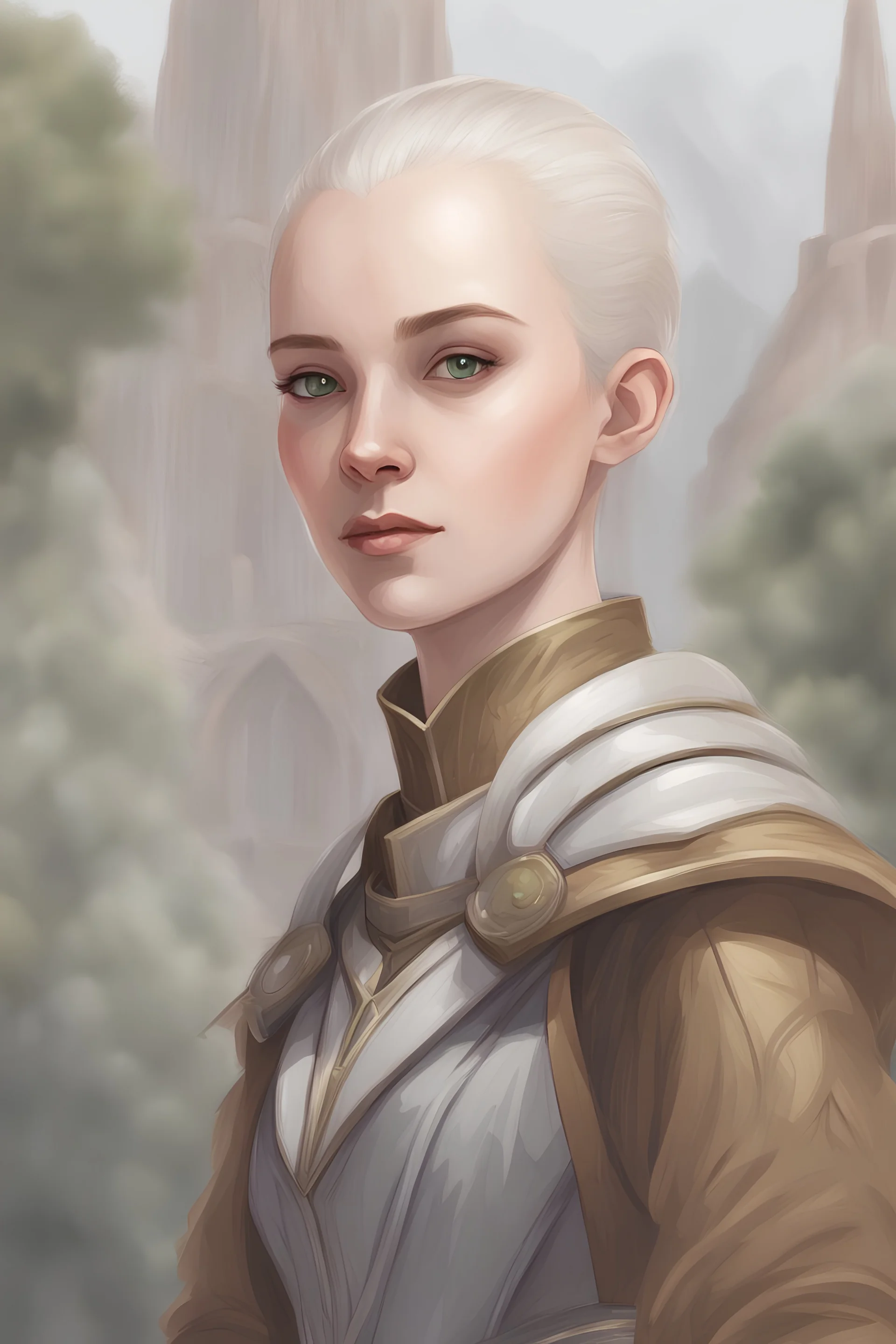 portrait colour drawing, fantasy setting, 22-year old friendly female human cleric, shaved head