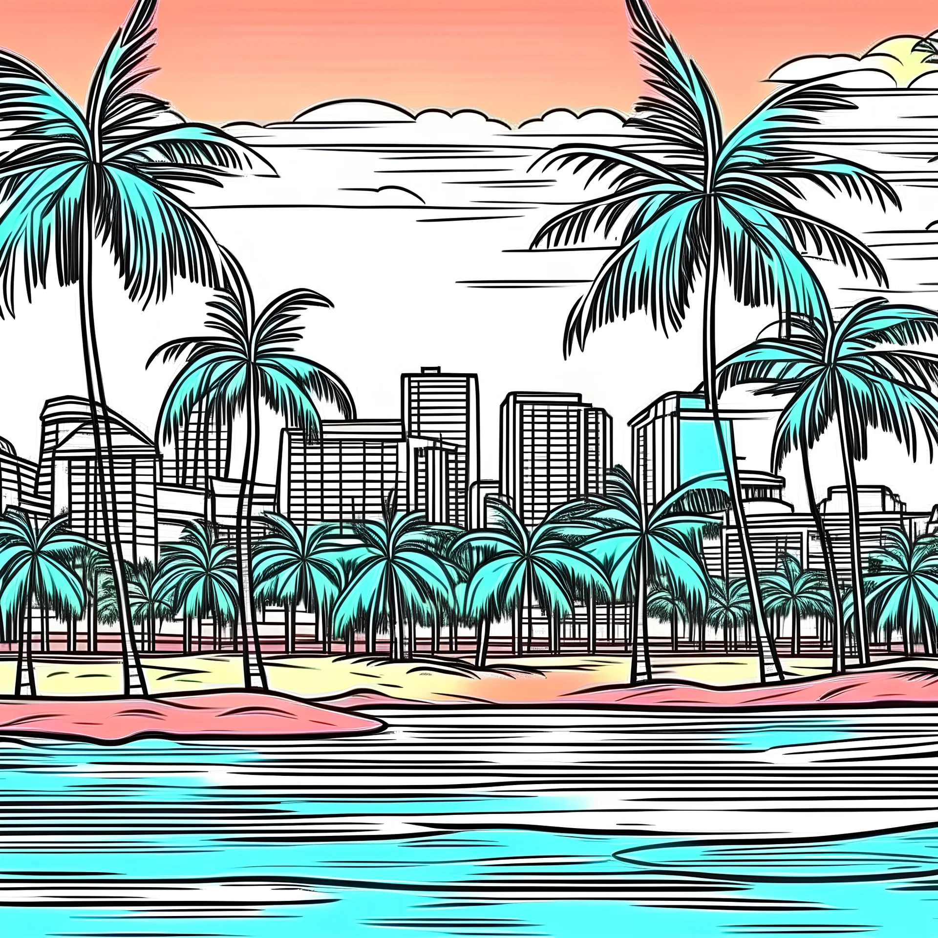 florida city with beach and palms color drawing