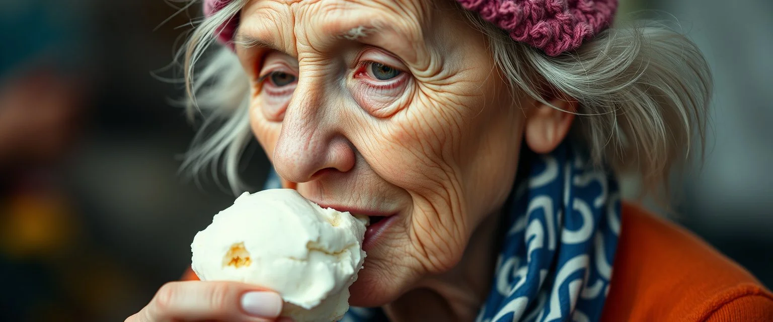 close up portrait of the sweetest soulfull magical old woman with no makeup eating ice cream like a pig