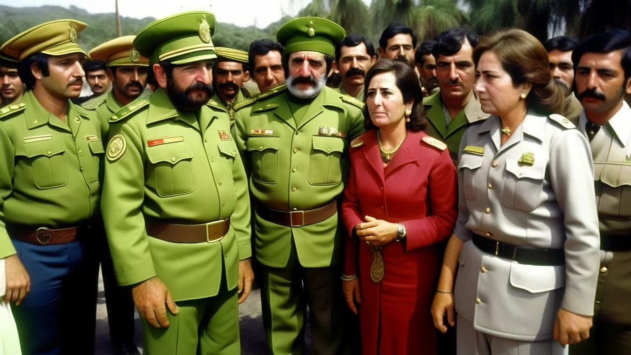 Morisco men and women gathered around a military commander in Morisco uniform