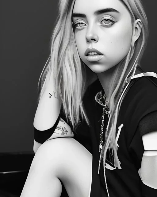 Billie Eilish, sitting on a chair, Black Short Dress, high detail, realistic