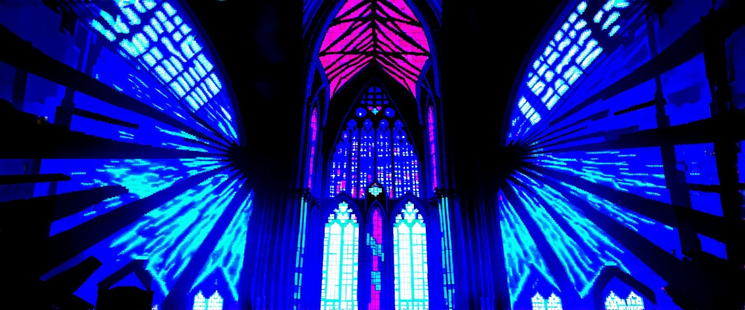 Cyberpunk cathedral, glitchy stained glass flickering with code, corrupted light rays, VHS interference, analogue distortion --ar 9:16 --draft