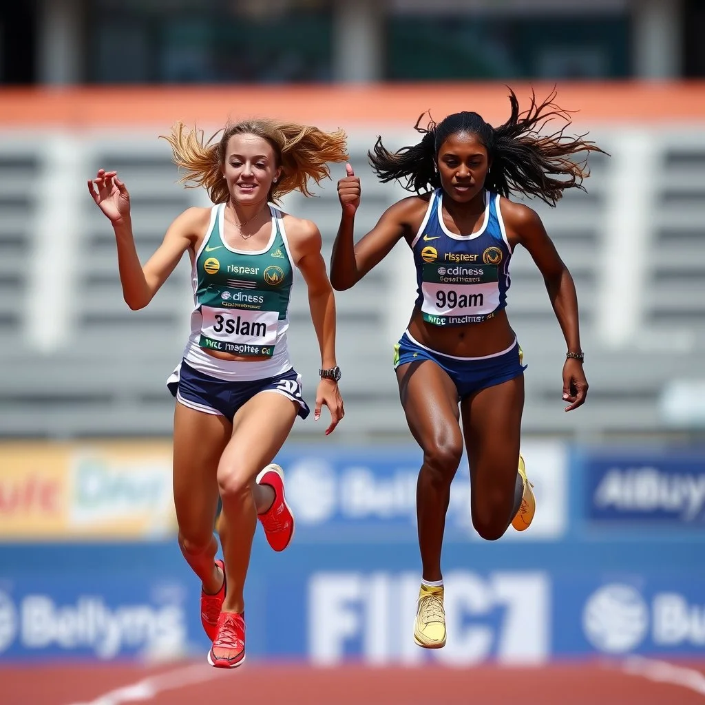 Two female athletes wearing shorts and flying.