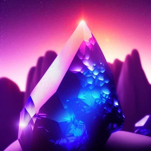 photograph of a (one massive colorful crystal:1.2) growing out of the rocky mountain, (focus on crystal:1.2), 4k, 8k, (highly detailed), ((landscape)),(translucent crystal:1.1), light going trough the crystal, bokeh, chromatic aberration, mountain view, blue and pink background