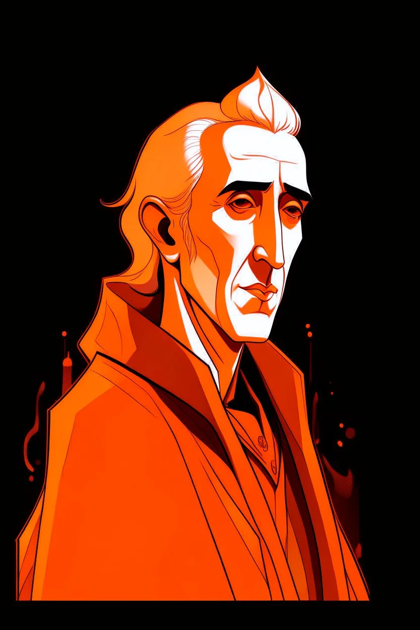 A portrait of Christopher Lee in his thirties as an elf mage, dressed in an expensive orange medieval shirt, in the style of Genndy Tartakovsky, long pointy elven ears, dark background