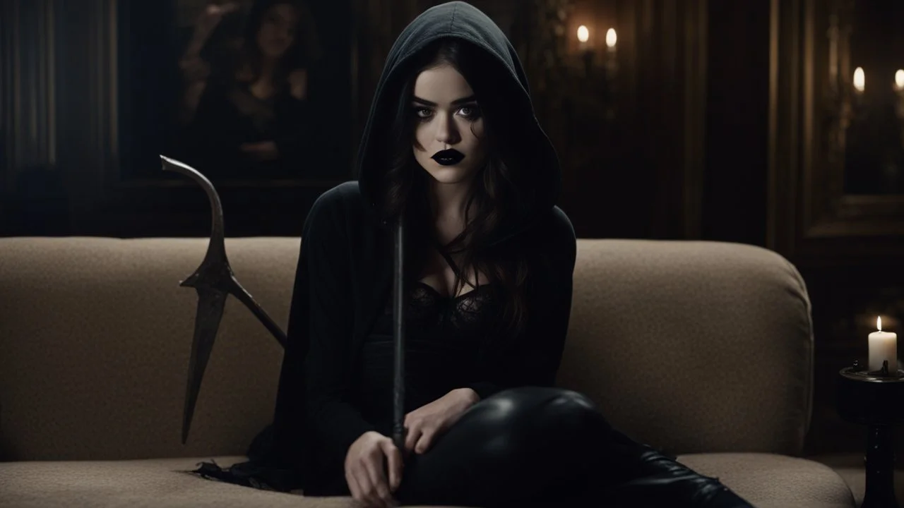 [Legend (1985)] Lucy Hale as Dahlia Death, she is a pale brunette with black lipstick clad in a dark agent provocateur dress with a hoodie and a scythe. She sits on a sofa in a dark mansion