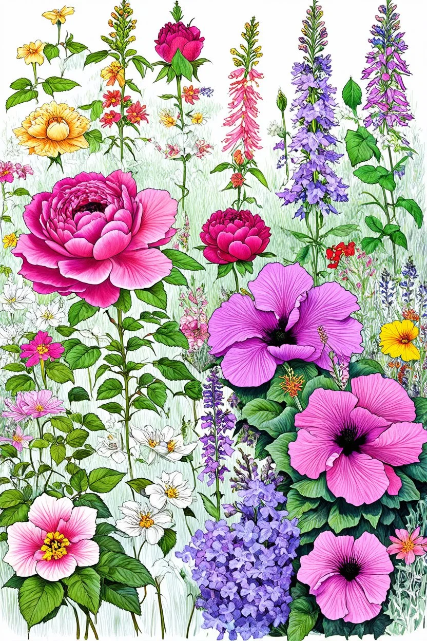 English garden with multi-colored variegated blooming peony, rose, lilac, hibiscus, lavender, poppy, and snapdragon plants outlined with various thicknesses of Graphite Pencils filled in with pastel PItt Pencils
