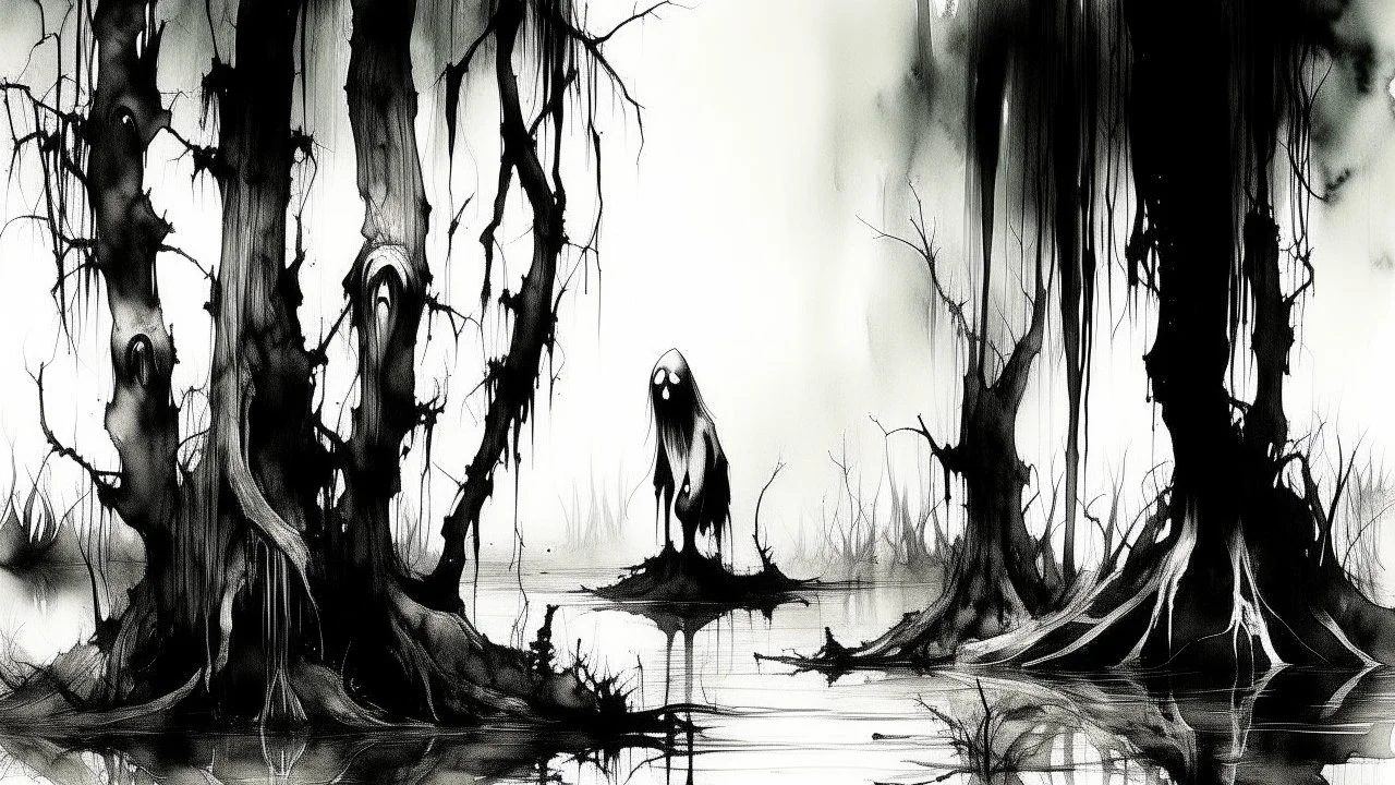 style of Stephen Gammell, watercolors, black and white, swamp, shadowy creatures, dripping, infected, evil, wooden tail