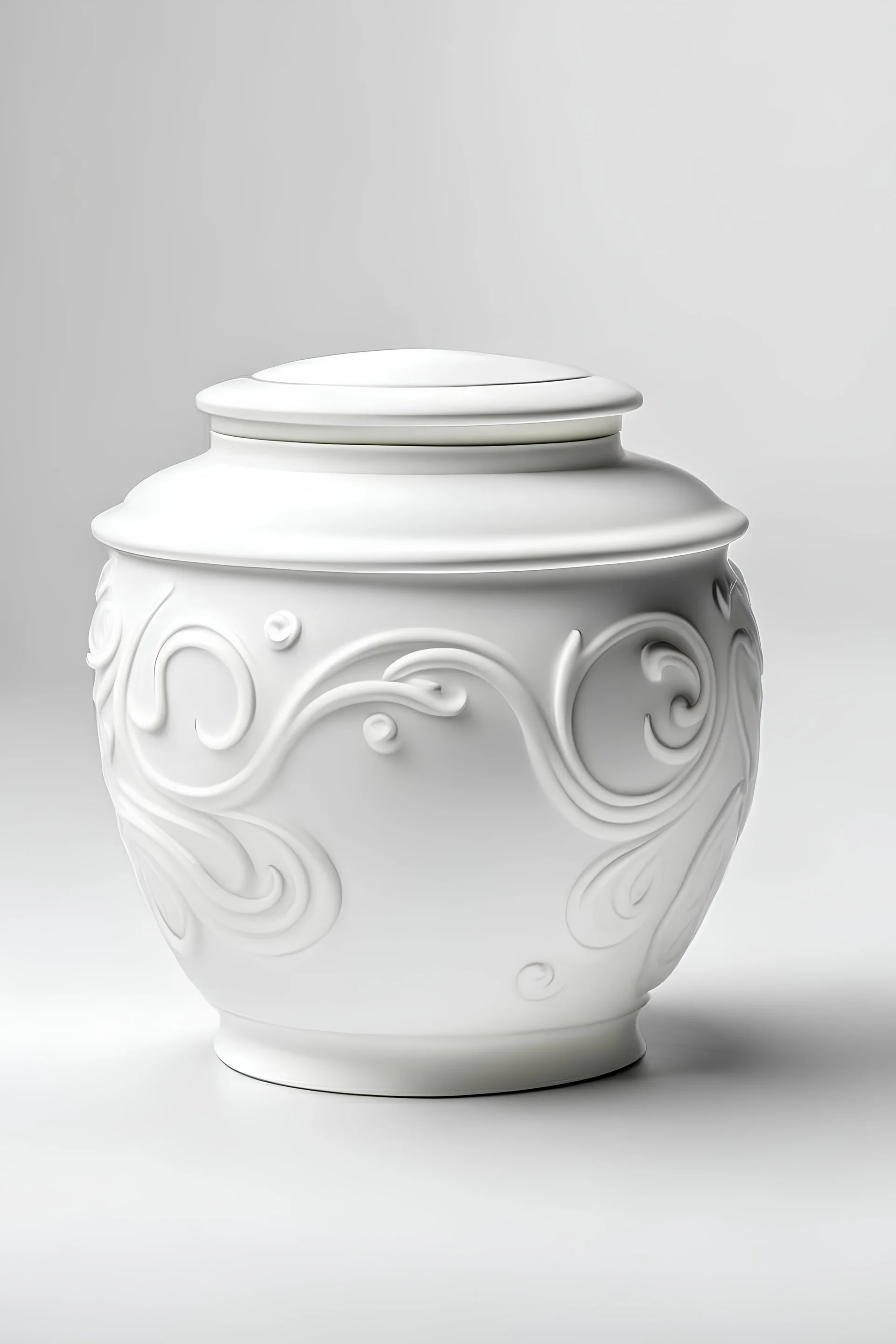 classic round white matt ceramic cream jar, on the plain white background, white stucco medalion ornament on the jar cup