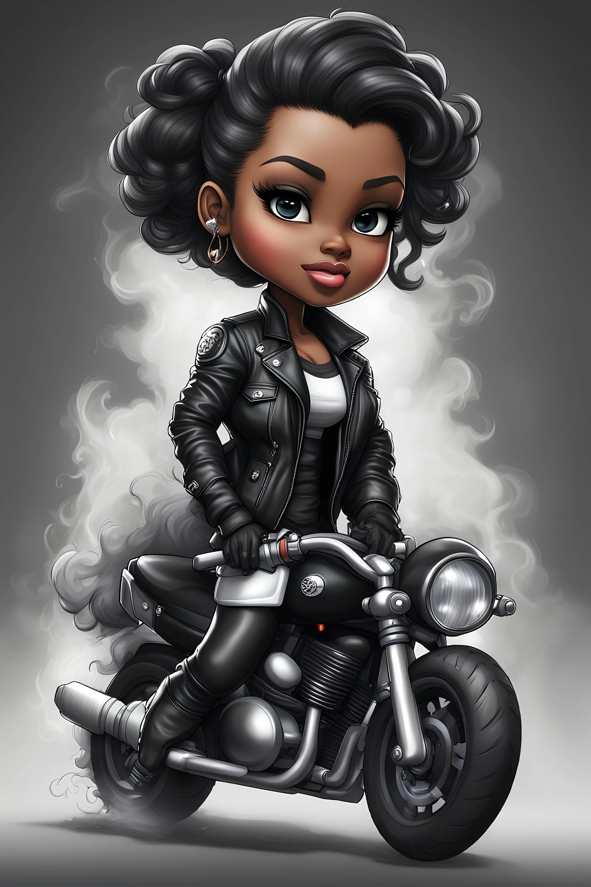 Create a digital airbrush illustration of a chibi cartoon full figure black female riding a sports motorcycle. She is wearing biker jacket and black tights with biker boots. Prominent make up with log lashes and hazel eyes. Extremely highly detailed black shiny wavy hair up in a messy bun. Background of smoke surrounding her and the bike and she's at a bike show.