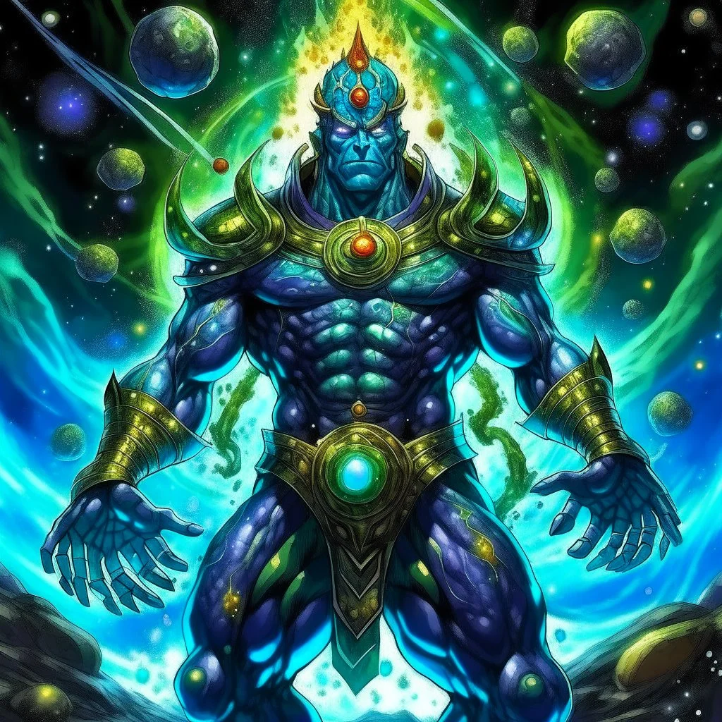 A divine being made from the combination of water and sun with cosmic powers and Dracula God-like man with infinite power who owns the galaxies and wears a beautiful crown A battle suit made of galaxies and stars with a glove that has seven endless stones with a mighty army behind him with hulk body