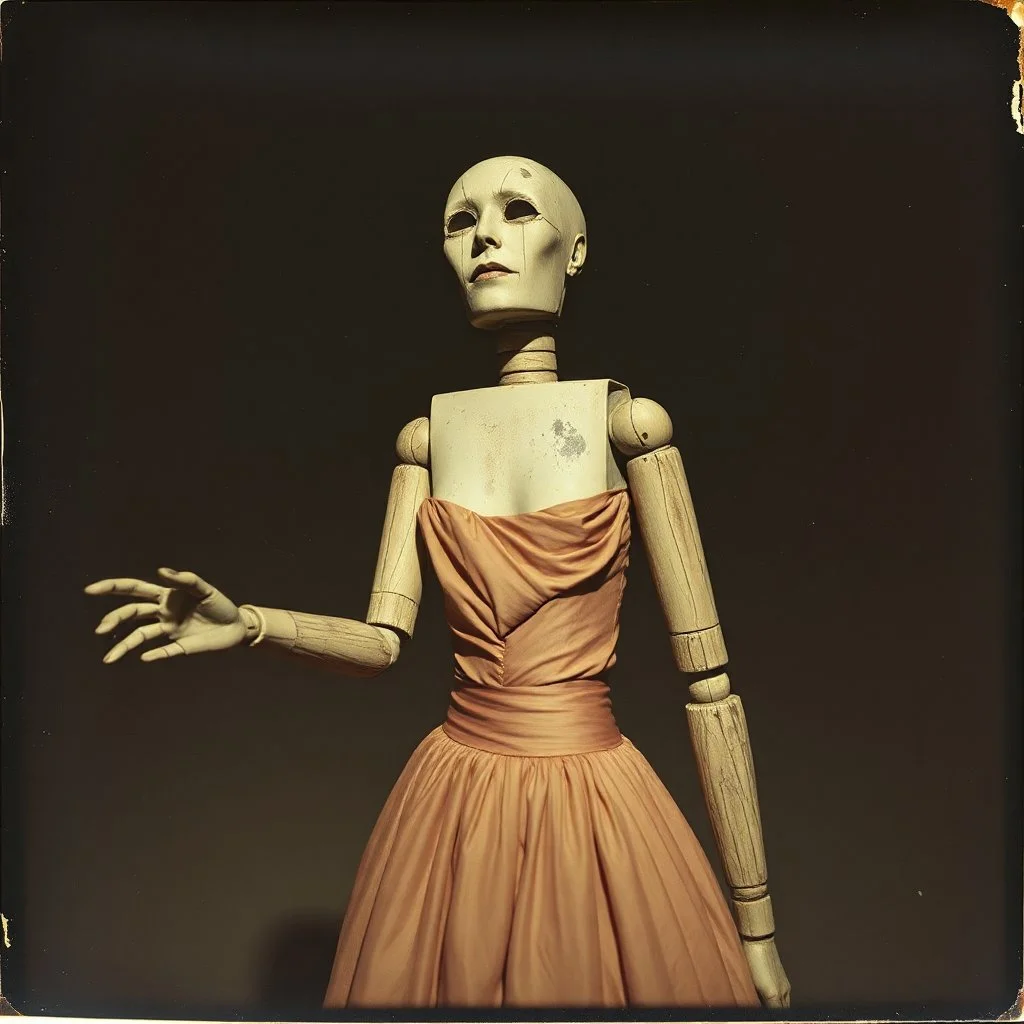 Photorealistic polaroid nothingness and distressing anguish old wooden figure wasteland night Max Ernst, shot on Hasselblad, movie shot, details of the dress accentuated, nightmare, hypermaximalist, obsessive, hypnotic