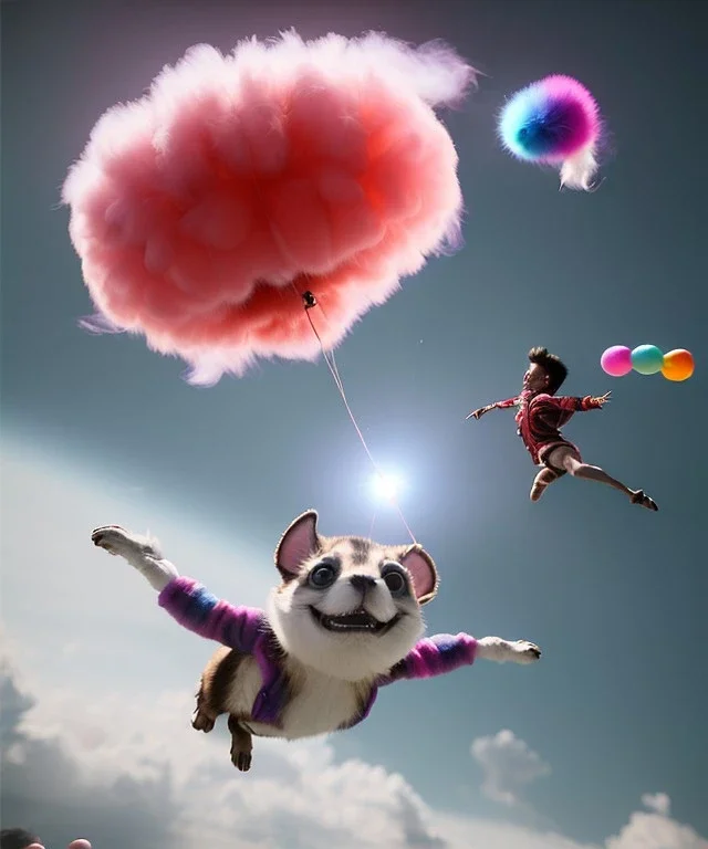 Ultra realistic speed clouds sky scene, wide angle view, strong men falling down with many Childs, circus clothing style, feather color clothing, free jumping flying, many trinkets, hair monster, many jelly beans, balls, color smoke, smile, happy, extreme, wind, clouds sea, 20,000 feet altitude, stratosphere, soft color, highly detailed, unreal engine 5, ray tracing, RTX, lumen lighting, ultra detail, volumetric lighting, 3d, finely drawn, high definition, high resolution.