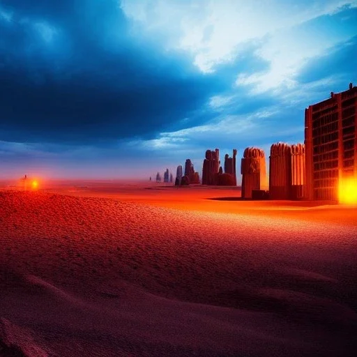 post apocalyptic city in the desert, extremely detailed digital painting, extremely detailed face,crystal clear Big eyes, mystical colors ,perfectly centered image, perfect composition, rim light, beautiful lighting,masterpiece,8k, stunning scene, raytracing,