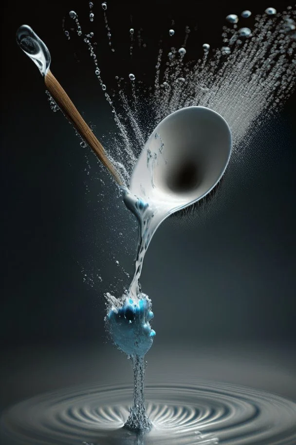 in focus, a jet of water flows into a spoon and splashes everywhere