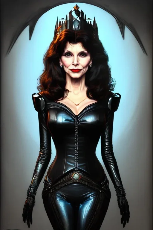 drawing of victoria principal as evil queen in black leather, feminie, angry, stern look on her face, volouptous, busty, cleavage, emperious, mature, highly detailed, digital painting, artstation, concept art, smooth, sharp focus, illustration, art by gaston bussiere and alphonse mucha