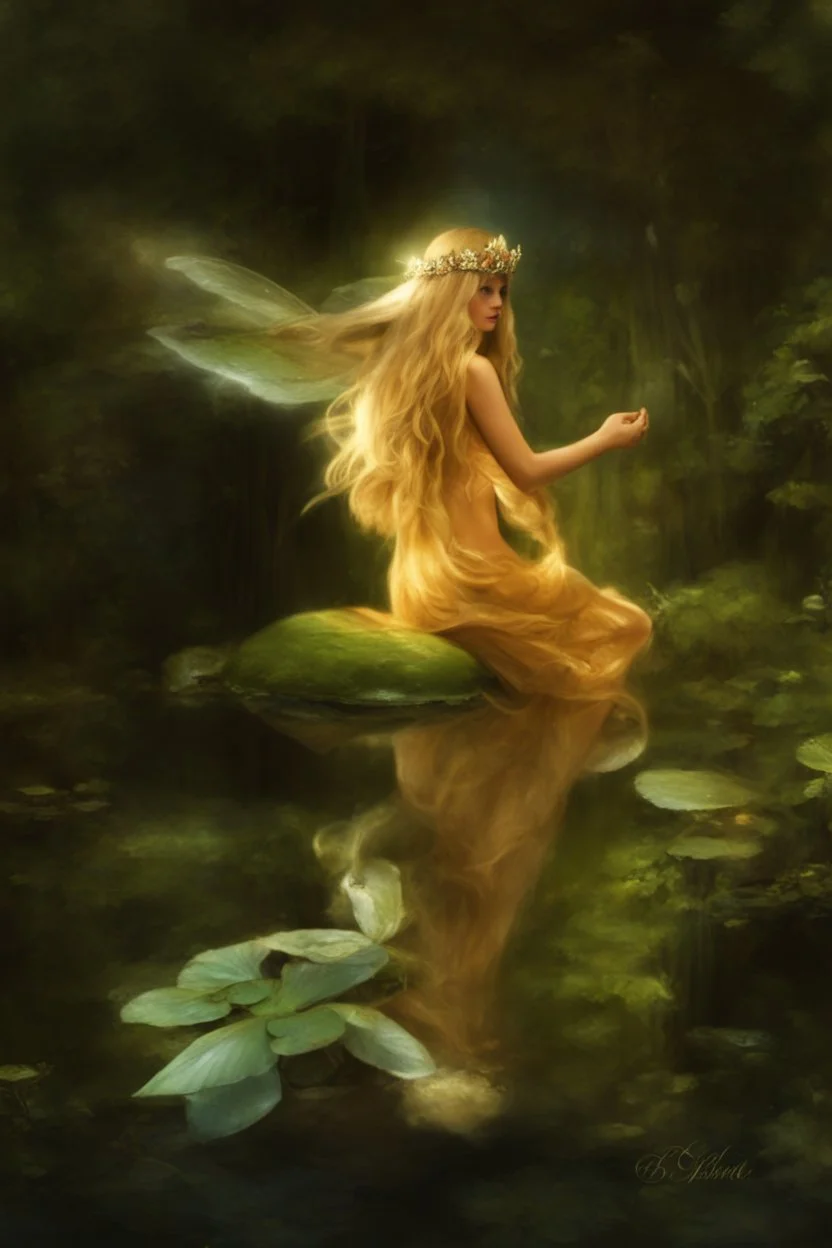 Fairy Princess, long blonde hair,long golden hair, Fairy crown ,fairy, fairy wings, sparkle,waterlilies,flawless feet,