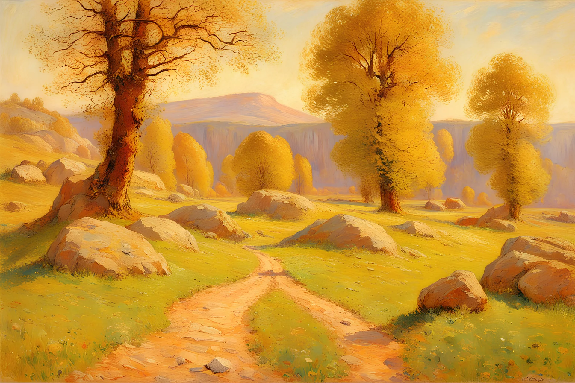 Sunny day, trees, rocks, dirt, countryside, mountains, hans am ende, and emile claus impressionism paintings