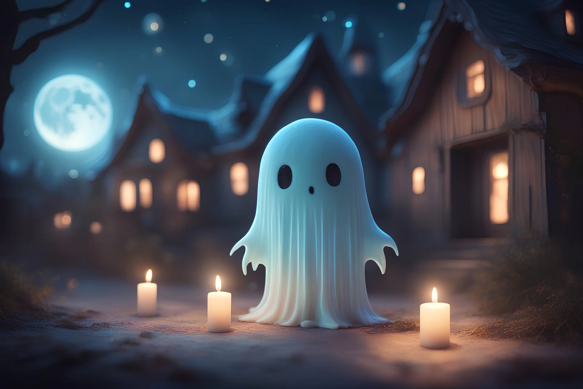 cute contented chibi bioluminescent ghost, haunted house, supermoon, in candlelight ethereal, cinematic postprocessing, dof, bokeh Weight:1 detailed matte painting Weight:0.9