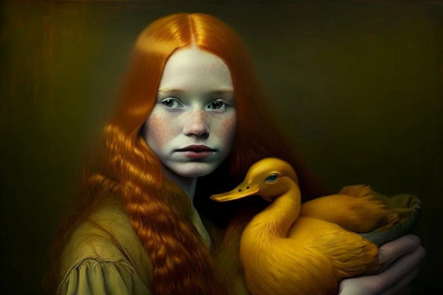 Beautiful golden red hair girl holding duck portrait in ochre, moody, somber, desaturated colors