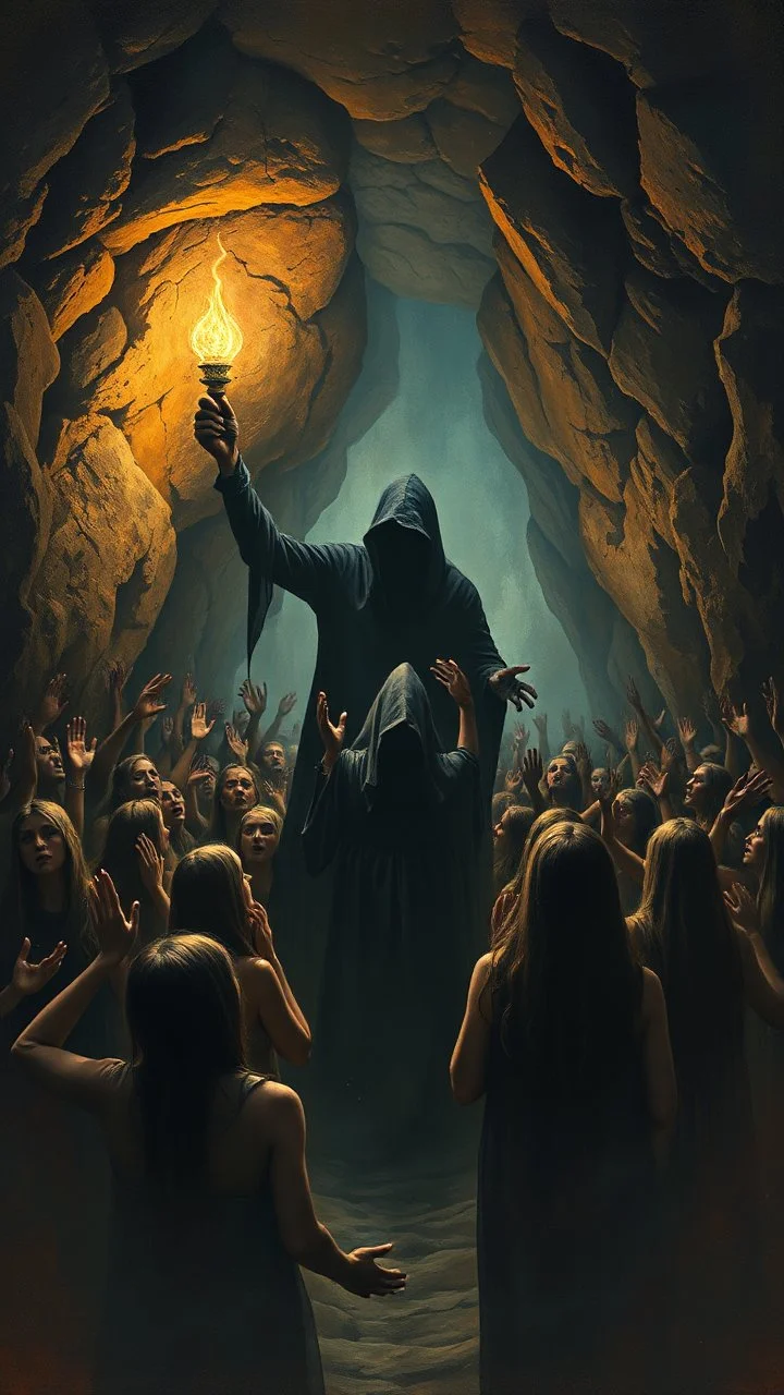 Bosch painting style nightmares, of people are crying and begging with hands up like praying in fear , all picture filled people in a cave with mysterious shadow holding a lamp at the end of the cave and looks like hell , a big scary mysterious hooded black creature is standing in the middle , all afraid of him.