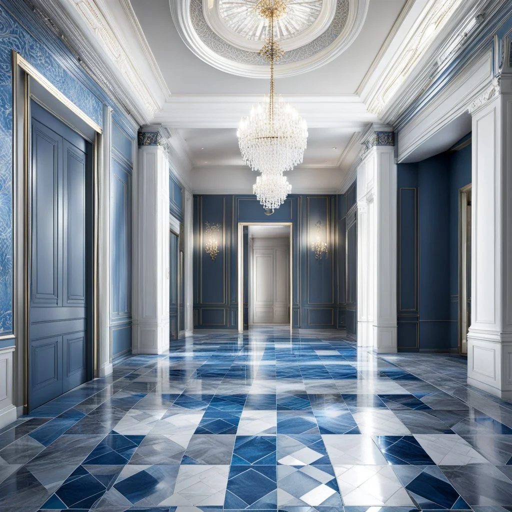 luxury hall ,tiled blue and gray large floor,