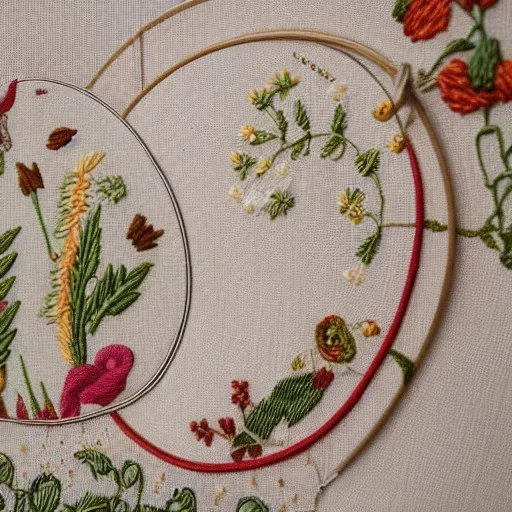 exquisite whimsical picnic in embroidery hoop, intricate, highly detailed, linen and wood backdrop