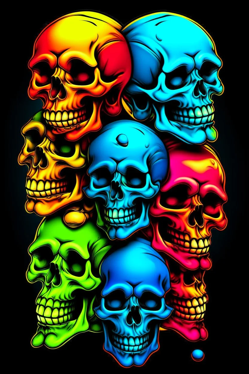 a stack of nearly anatomically correct cartoonish skulls, vivid colors, dark comedy, well lit, high detail,