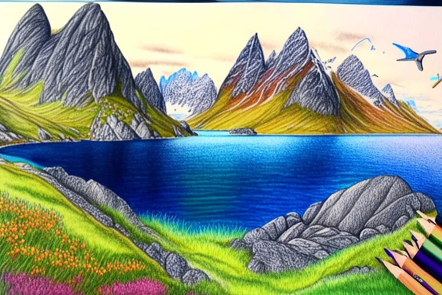 Colored pencil drawing, Very detailed, Drawing of the colorfull nature of Lofoten Island in Norway.