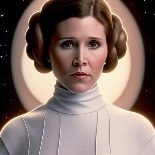 extremely detailed 8k hyperspace wallpaper,complete and photo realistic detailed head to waist stunning photo realistic portrait of carrie fisher as Princess Leia in star wars with photo realistic radiant, full but fine hair, brown eyes, professional majestic photo realistic painting by Ed Blinkey, Atey Ghailan, by Jeremy Mann, Greg Manchess, Antonio Moro, trending on ArtStation, Intricate, High Detail, Sharp focus, dramatic, by greg rutkowski, realism, beautiful and detailed lighting,