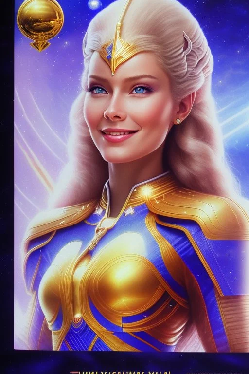 cosmic woman smile, admiral from the future, one fine whole face, crystalline skin, expressive blue eyes,rainbow, smiling lips, very nice smile, costume pleiadian, Beautiful tall woman pleiadian Galactic commander, ship, perfect datailed golden galactic suit, high rank, long blond hair, hand whit five perfect detailed finger, amazing big blue eyes, smilling mouth, high drfinition lips, cosmic happiness, bright colors, blue, pink, gold, jewels, realist, high commander