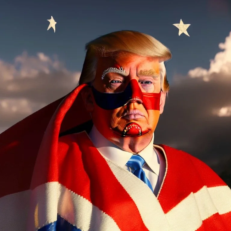 realistic image of donald trump as a mexican wrestling fighter posing outdoors, Mexican eyes wrestling mask, red and blue breeches with white stars, flag cape, sweat and blood, retro style, 80s, vibrant color, highly detailed, sky background, concept art, unreal engine 5, god rays, ray tracing, RTX, lumen lighting, ultra detail, volumetric lighting, 3d, finely drawn, high definition, high resolution.