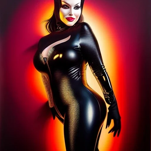 Ultra detailed fullbody Portrait in oil on canvas of beautiful busty Catwoman, wearing skintight latex suit ,extremely detailed digital painting, extremely detailed face,crystal clear Big glowing eyes, mystical colors ,perfectly centered image, perfect composition, rim light, beautiful lighting,masterpiece,8k, stunning scene, raytracing, anatomically correct, in the style of robert e howard and Ken Kelley and Ohrai Noriyoshi and Simon Bisley and tomzj1