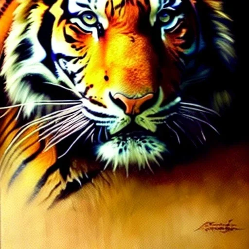 portrait 'beautiful Tiger',painting by gaston bussiere, greg rutkowski, yoji shinkawa, yoshitaka amano, tsutomu nihei, donato giancola, tim hildebrandt, oil on canvas, cinematic composition, extreme detail,fit full head inside picture,32k