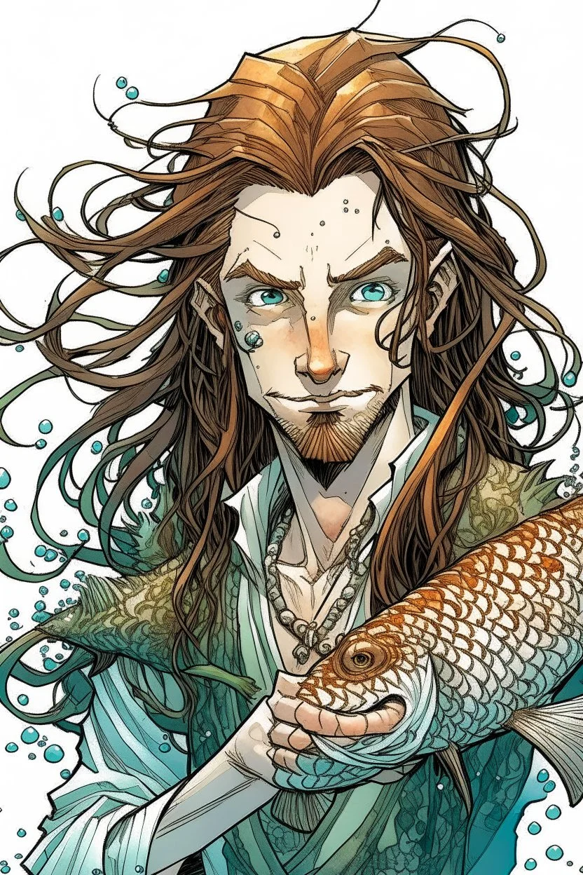 wet pirate nereid male with fish scale skin,and seaweed in long auburn hair