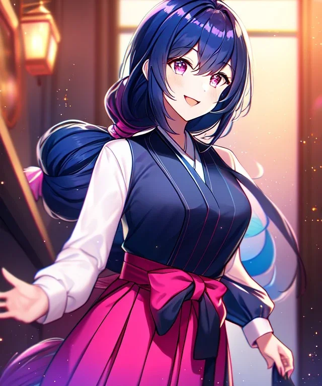 girl, masterpiece, best quality, cinematic lighting, detailed outfit, vibrant colors, perfect eyes, dark blue hair, pink eyes, long hair, low-tied hair, hakama, sparkle, depth of field, indoors, god rays, glowing light, ray tracing, laughing,